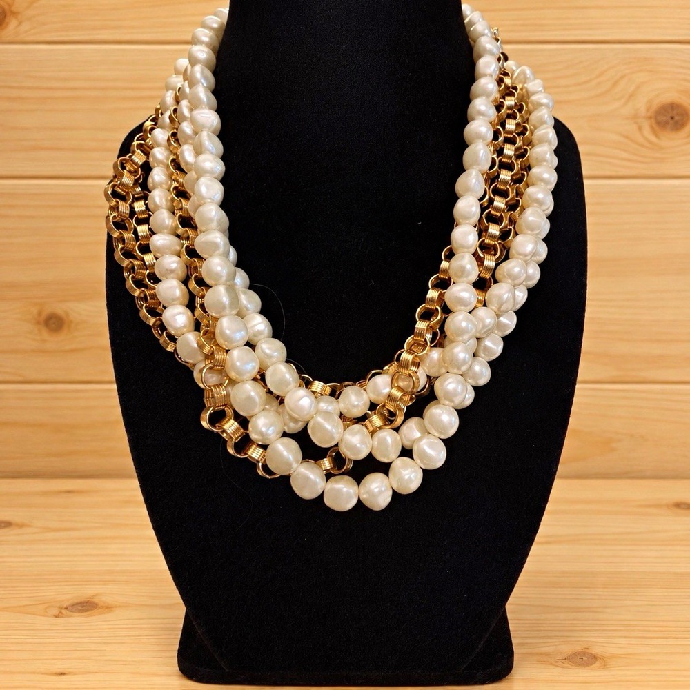 Lovisa Multi-Strand Faux Pearl Bead Necklace Gold Tone Cable Chain Lobster[JB2]